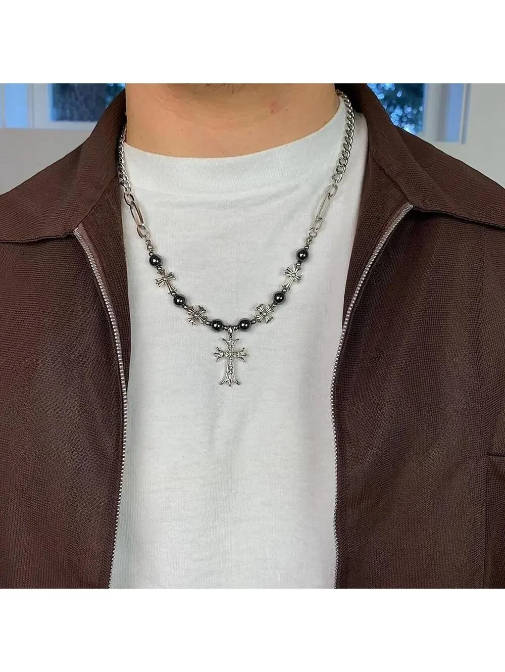 y2k 2000s style grunge chrome pearl rhinestone silver cross pendant Cuban link
